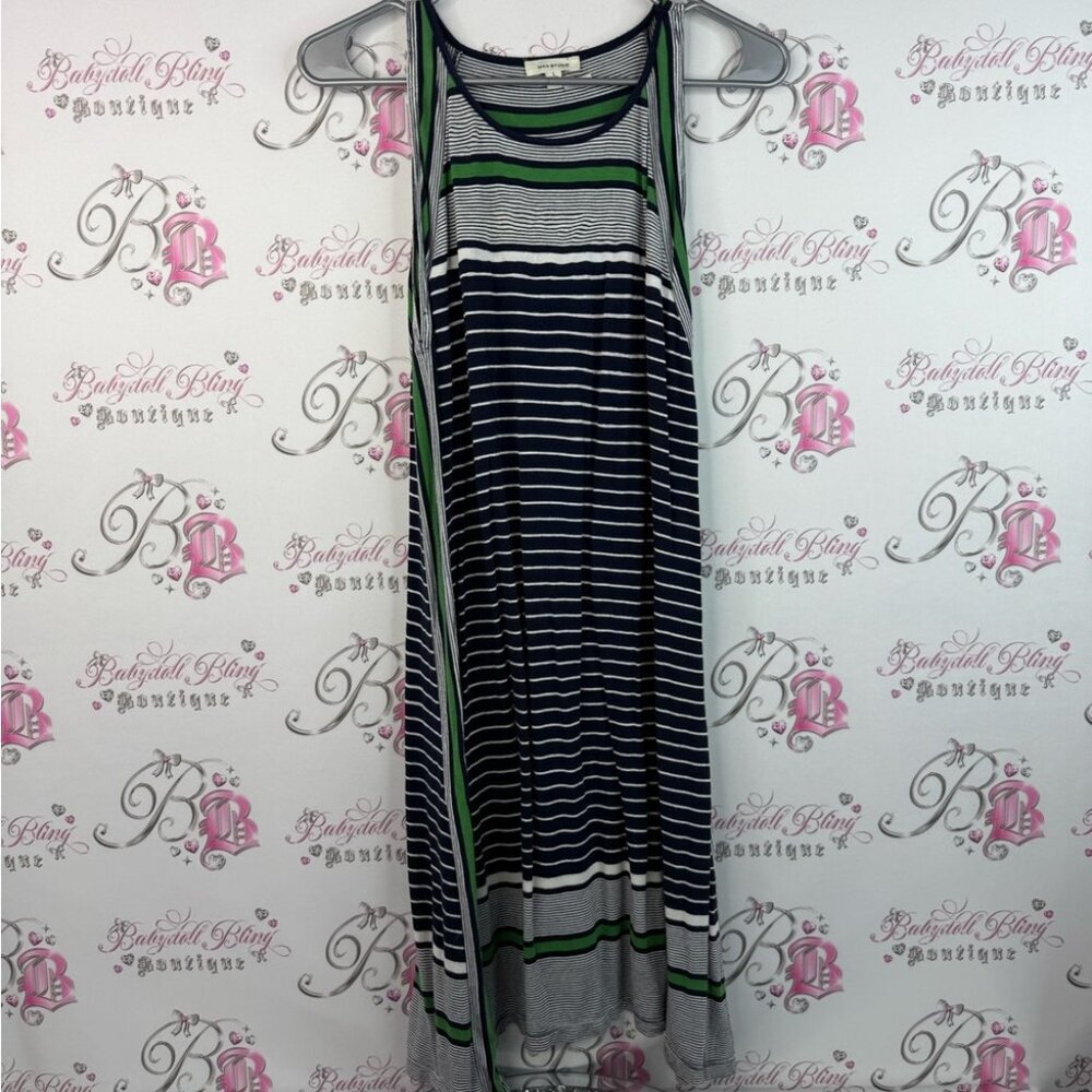 Max studio dress long navy black green white Striped Sleeveless Dress stripes